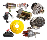 Assorted automotive parts on white background, including alternator, starter, clutch, and fuel pump components