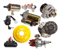 Assorted automotive parts on white background, including alternator, starter, clutch, and fuel pump components