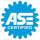 ASE Certified blue gear-shaped logo with white text