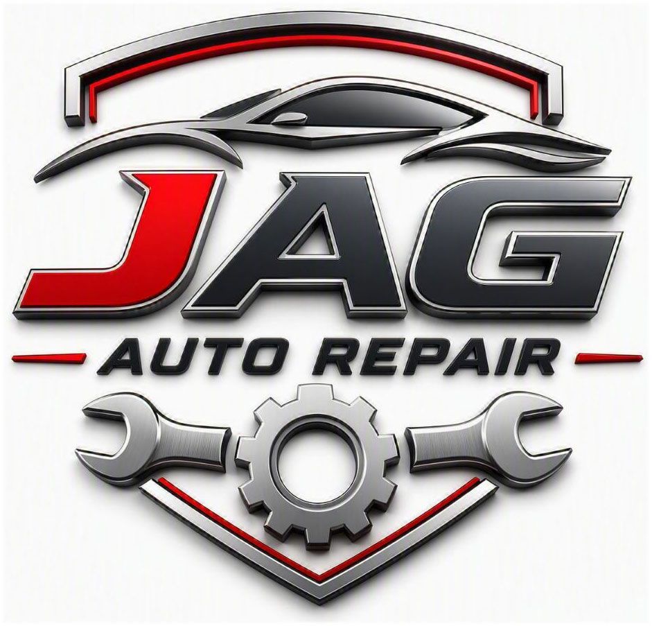 JAG Auto Repair logo with stylized car roof, wrench, gear, and bold red-and-gray text