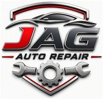 JAG Auto Repair logo with stylized car roof, wrench, gear, and bold red-and-gray text