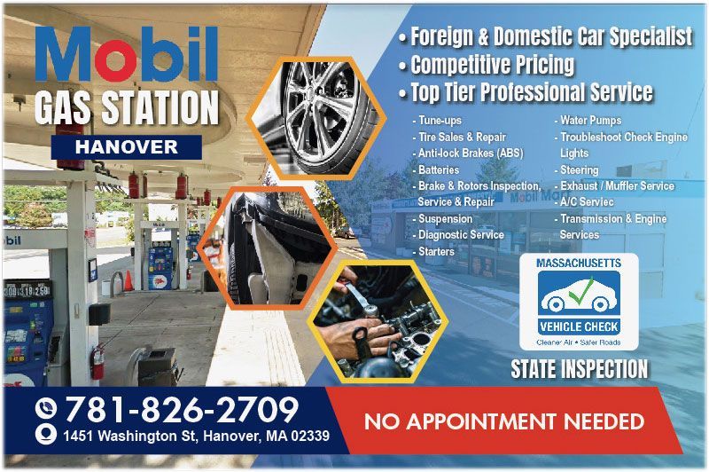 Mobil gas station in Hanover with auto repair services, phone number, and “No appointment needed” banner