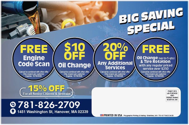 Big saving special auto service coupon ad with oil change and free engine code scan offers