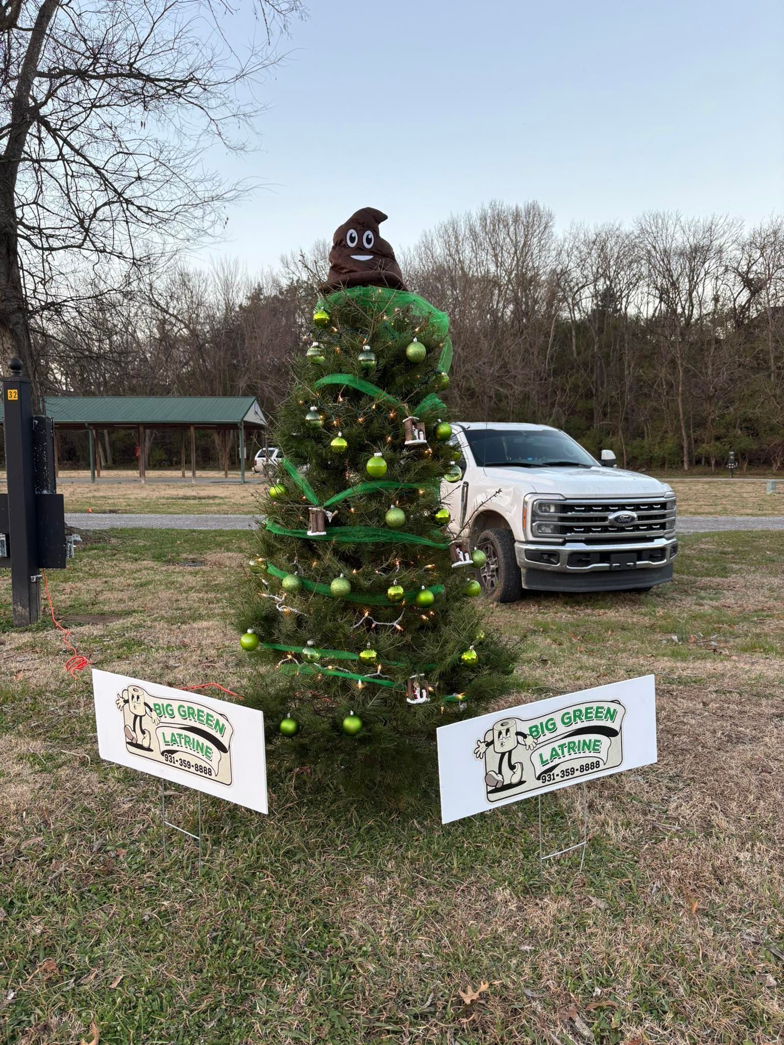 Decorated outdoor Christmas tree with lights and ribbons in a grassy lot, with a white truck behind it.
