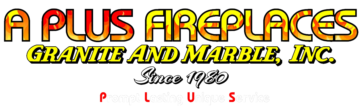Logo for "A Plus Fireplaces, Granite and Marble, Inc." with a flame-like gradient, and the text "Since 1986".