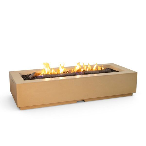 Rectangular concrete fire pit with flames and dark stones; tan colored, outdoor setting.