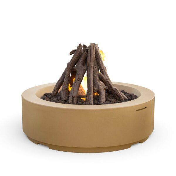 Round, tan fire pit with faux wood logs and flames.