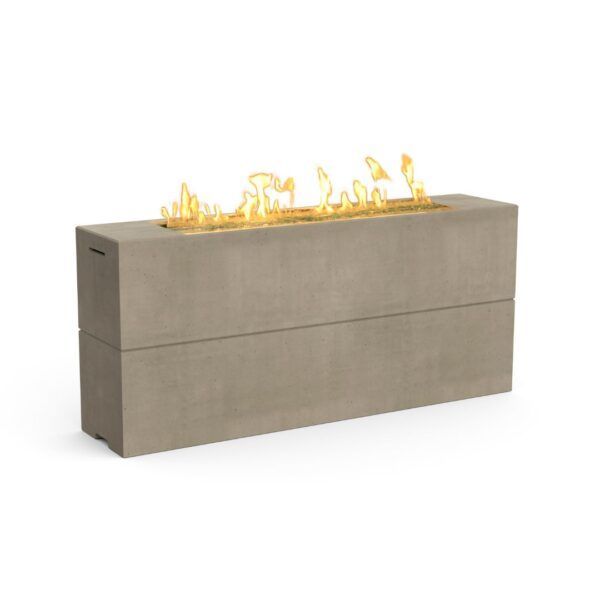 Rectangular concrete outdoor fire pit with a line of flames.