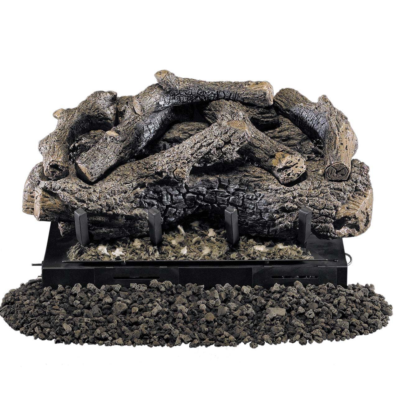 Gas fireplace log set with dark charcoal-colored ceramic logs, black grate, and lava rock base.