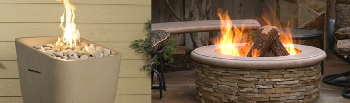Two outdoor fire pits: one tall and modern, the other stone with burning logs, outdoor setting.