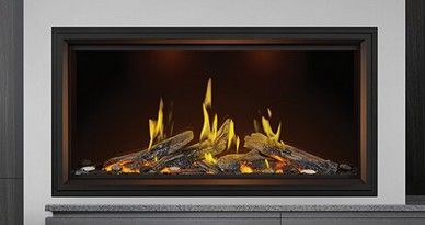 Fireplace with flickering orange and yellow flames, with faux wooden logs.