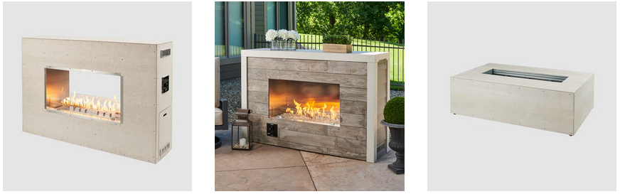 Three outdoor fireplaces in different styles, with flames visible.