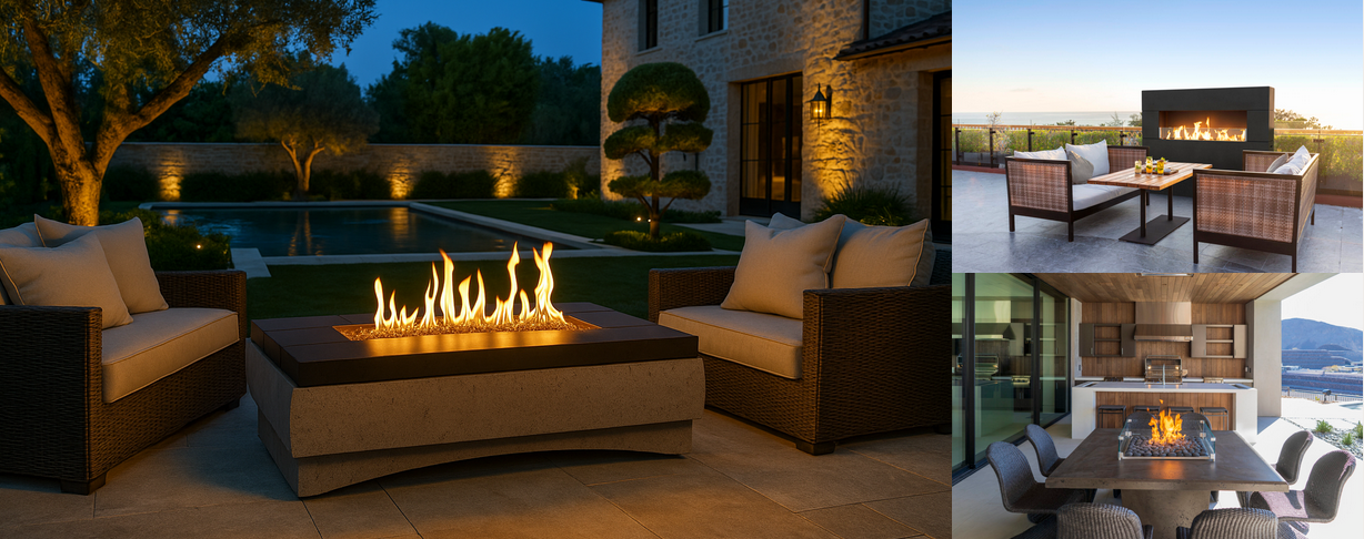 Outdoor seating areas with fire features, showcasing various patio designs and settings.
