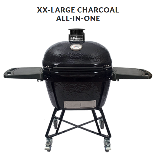 XX-Large Charcoal All-In-One grill. Black ceramic oval smoker with side shelves, on a rolling metal stand.