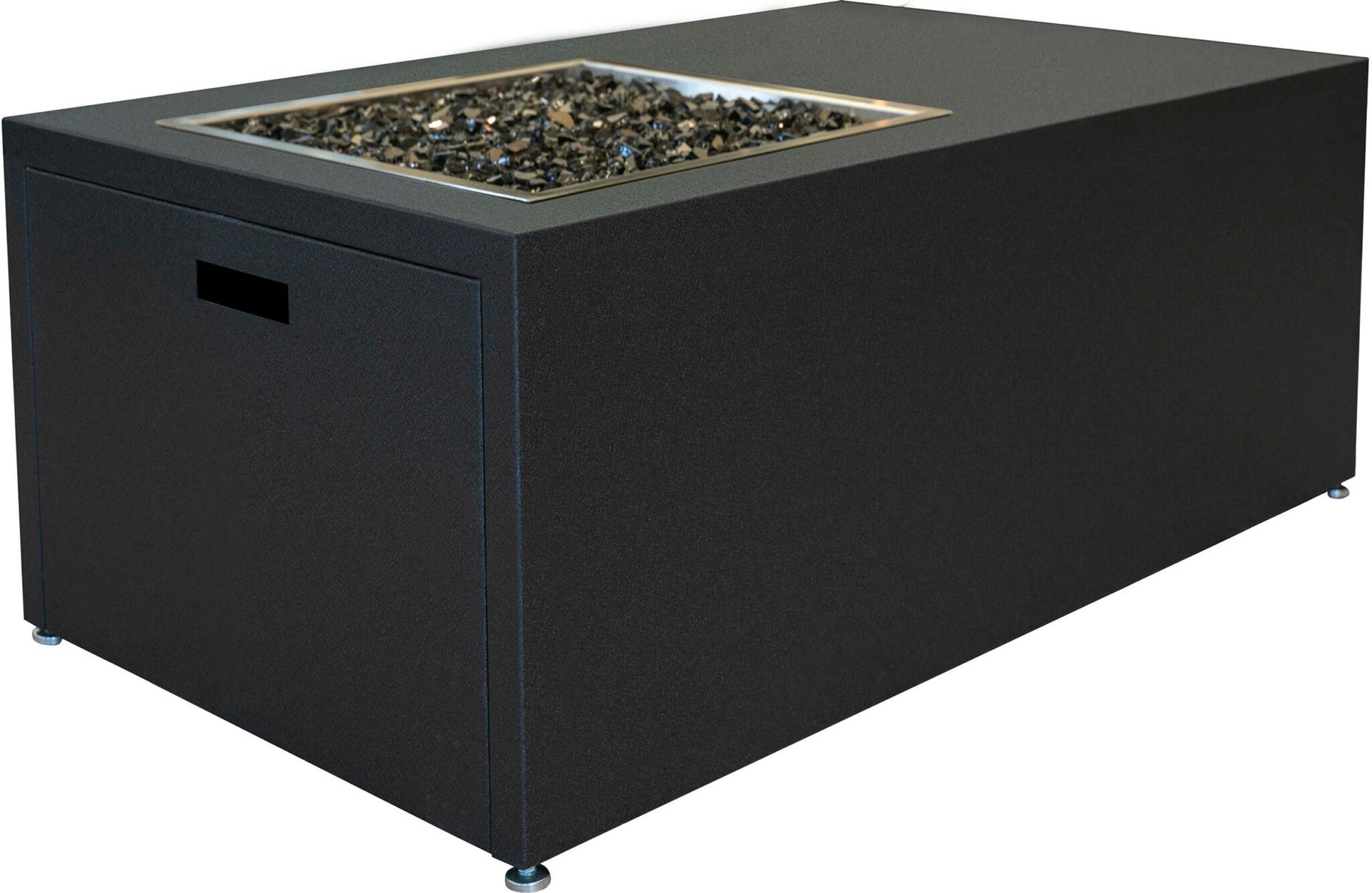 Rectangular black fire pit table with a stone fire area and a handle.