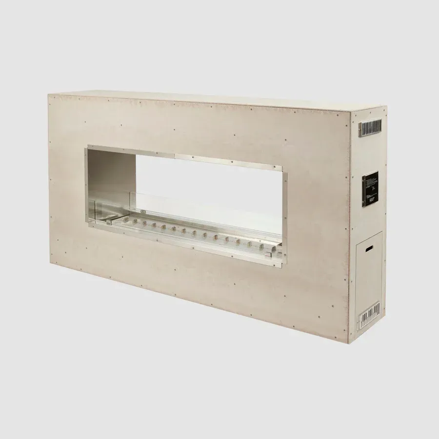 Rectangular concrete fireplace insert with a rectangular viewing window.