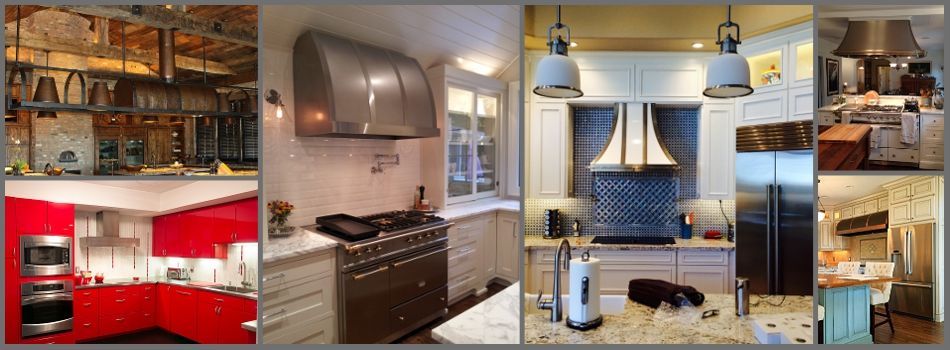 Collage of kitchen designs: red modern, traditional with range, modern with stainless steel and pendant lights.