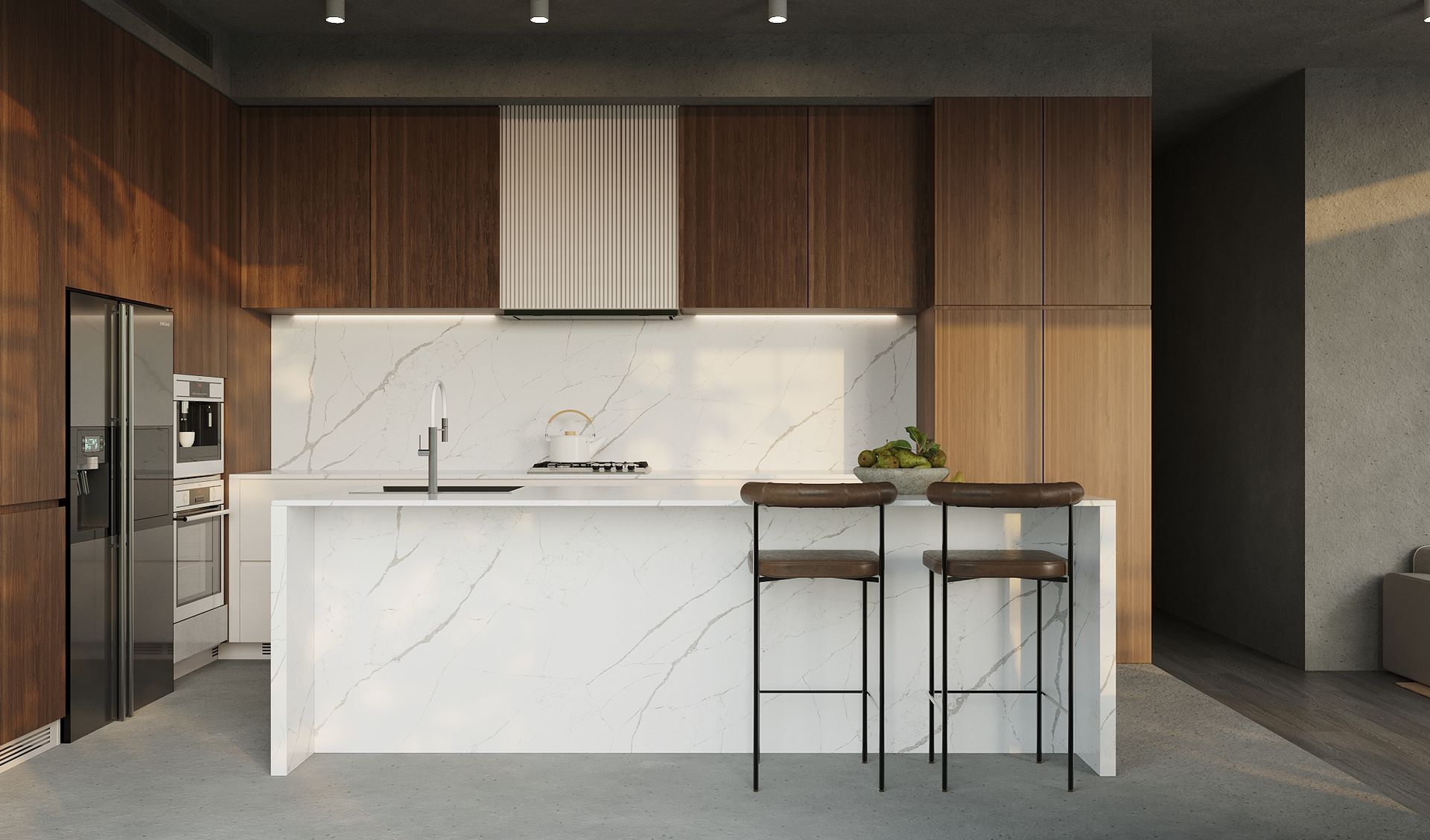Modern kitchen with wood cabinets, white island, marble backsplash, and two stools.