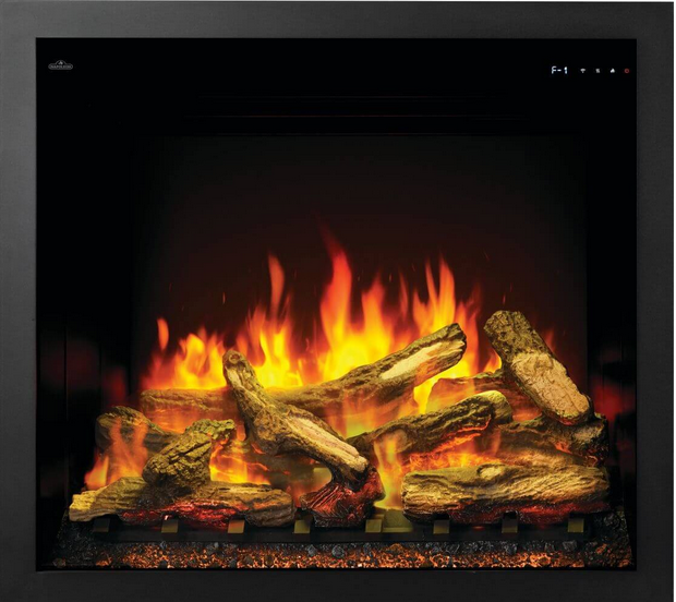 Electric fireplace with glowing orange and yellow flames, realistic wood logs, and a black frame.