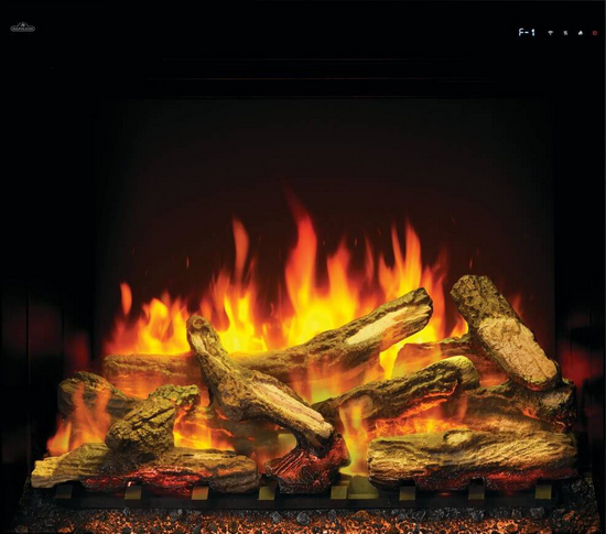 Electric fireplace with glowing orange and yellow flames, ceramic logs.