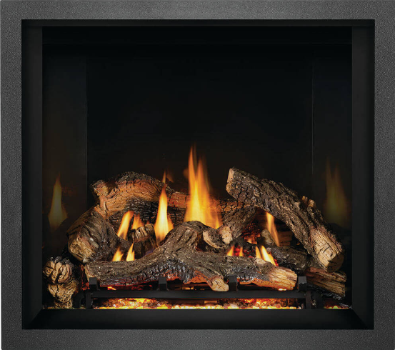 Fireplace with burning logs, dark interior, framed in gray. Warm orange and yellow flames.