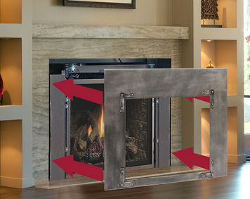 Fireplace with a metal frame in front; red arrows indicate frame placement.
