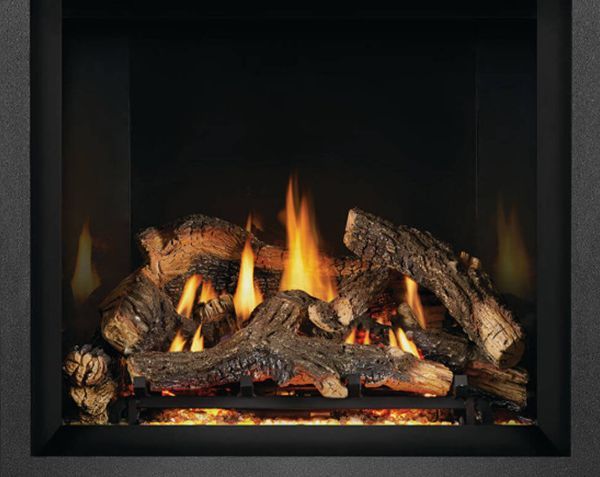 Burning gas fireplace with orange flames and faux logs.