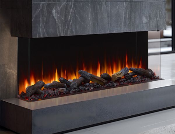 Electric fireplace with realistic flame effect and dark grey surround.