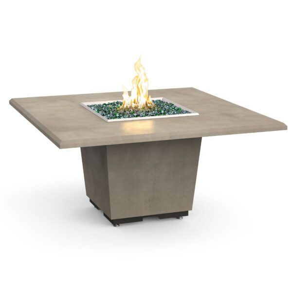 Square fire pit table with flames, surrounded by decorative glass stones.
