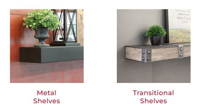 Metal and transitional shelves displaying decor.