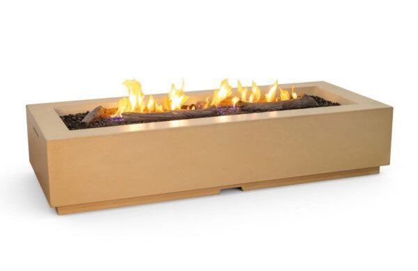 Rectangular beige fire pit with flames, set on a white surface.