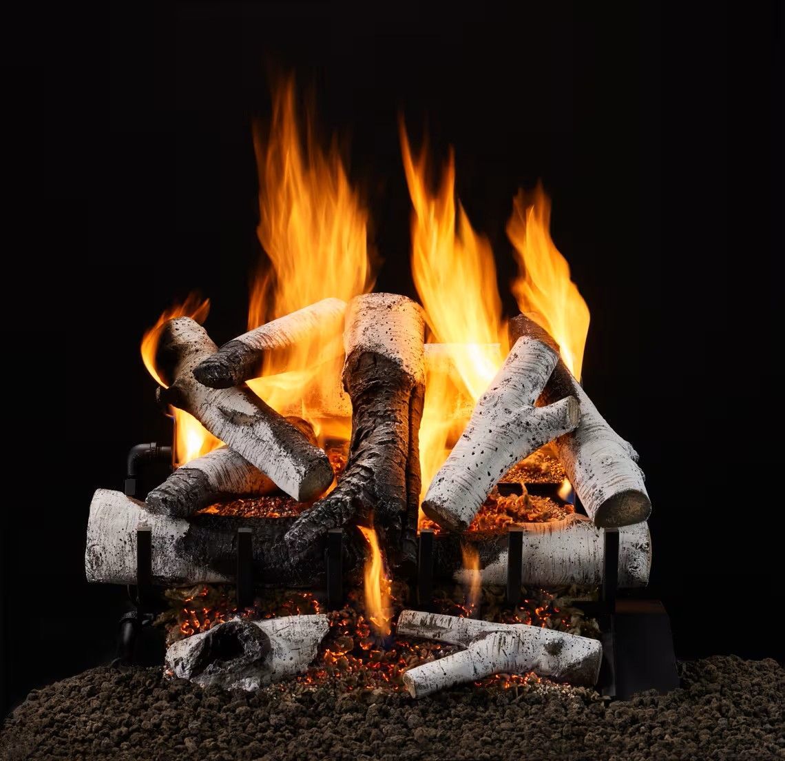 Gas fireplace with burning birch logs, flames, and ember bed against a black backdrop.