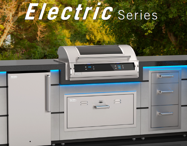 Electric outdoor kitchen setup with stainless steel grill, refrigerator, and drawers.