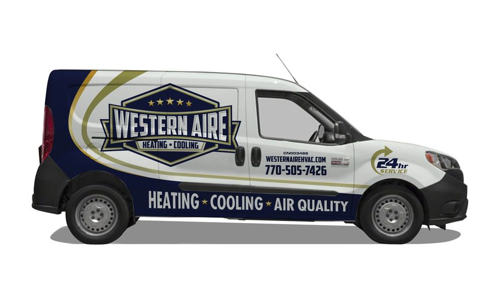 A white van with a blue and gold wrap for a heating and cooling company.