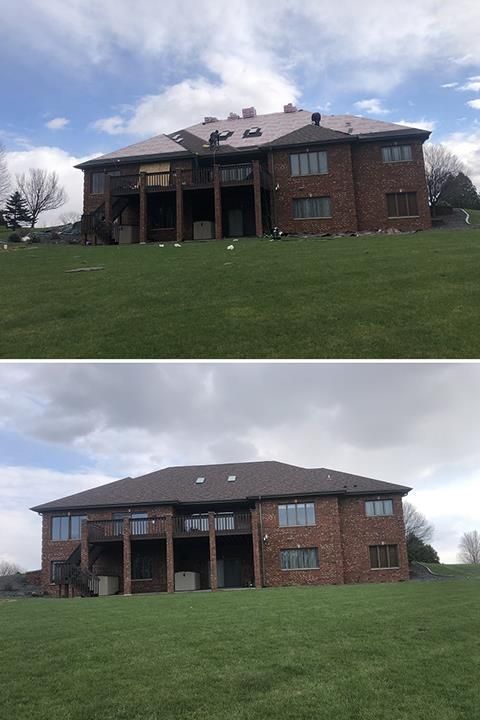 Two views of a brick house on a grassy hill under a cloudy sky