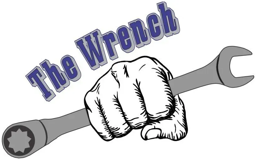 Hand holding a wrench, with "The Wrench" text above.