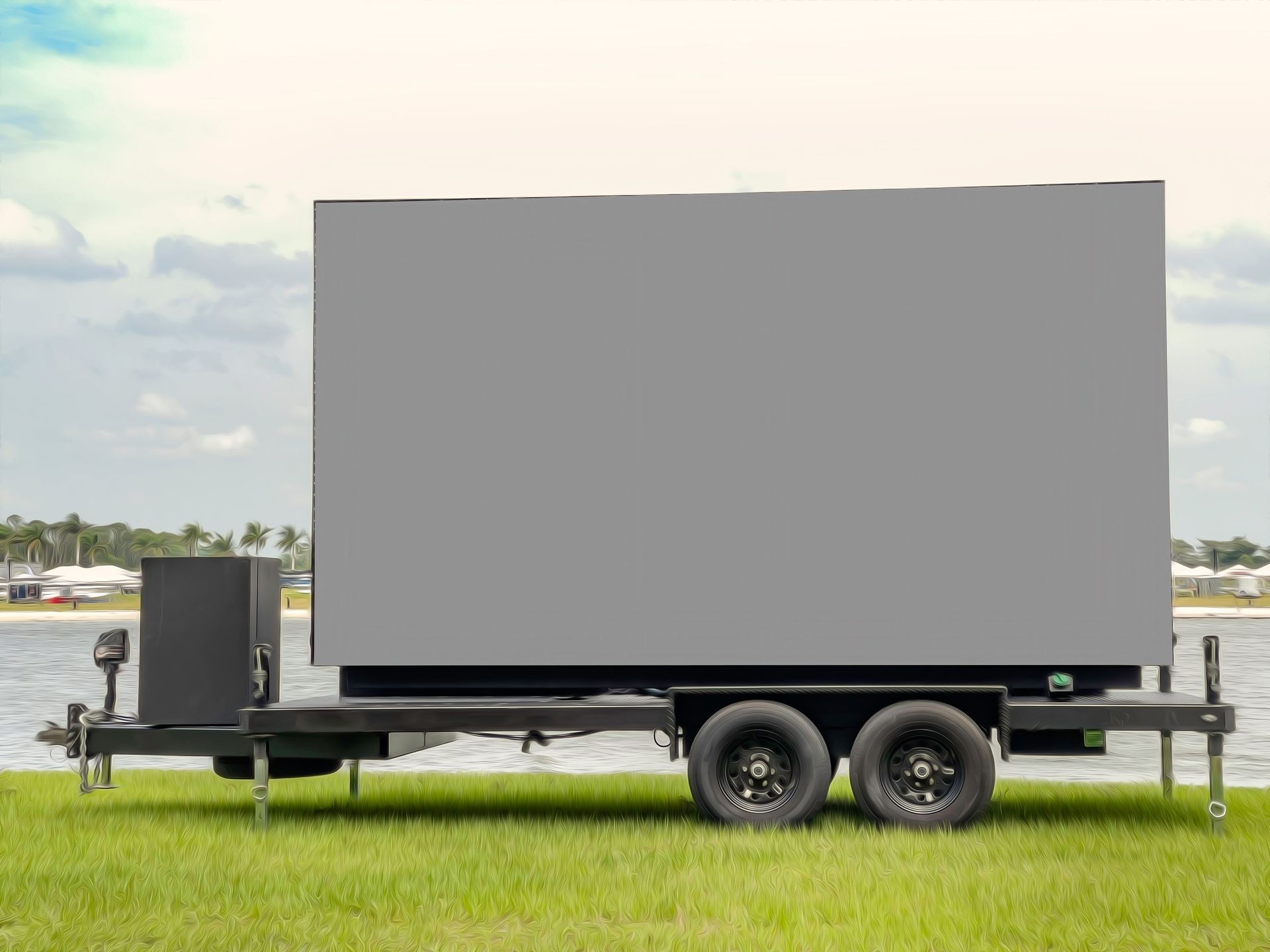 Mobile LED screen trailer on grass by water. Gray screen, black trailer, two wheels.