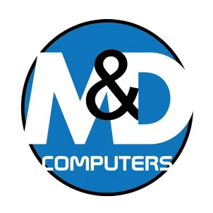 A blue and white logo for n & d computers