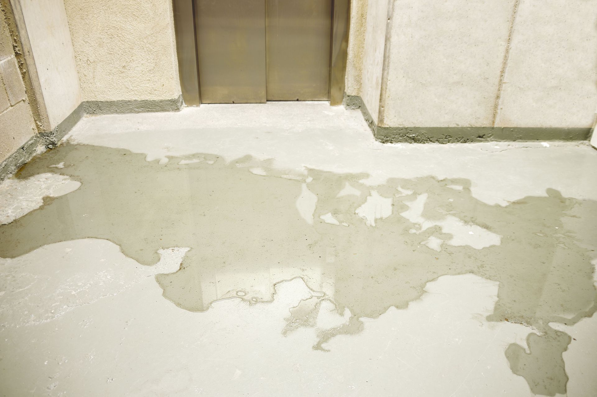 Water-damaged floor with peeling white paint near an elevator door.
