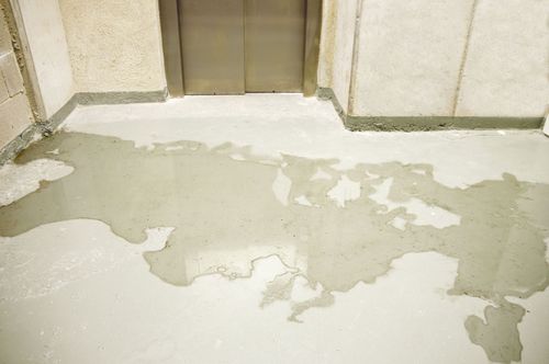 Wet floor in front of elevator doors with peeling white paint.