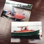 Two photos of wooden boats on water; one is a small open boat with a man, the other is a larger boat with a cabin.