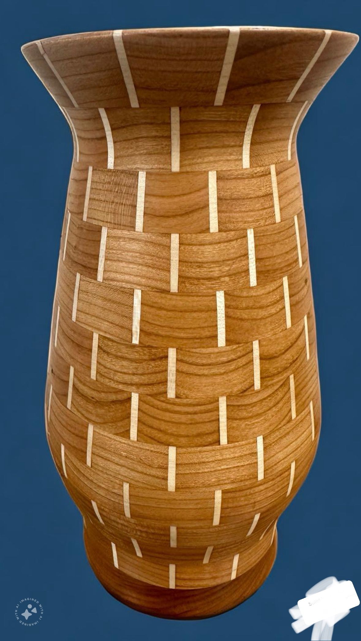 Wooden vase with a layered, basket-weave design. It is brown with vertical white inlays and a curved shape on a blue background.