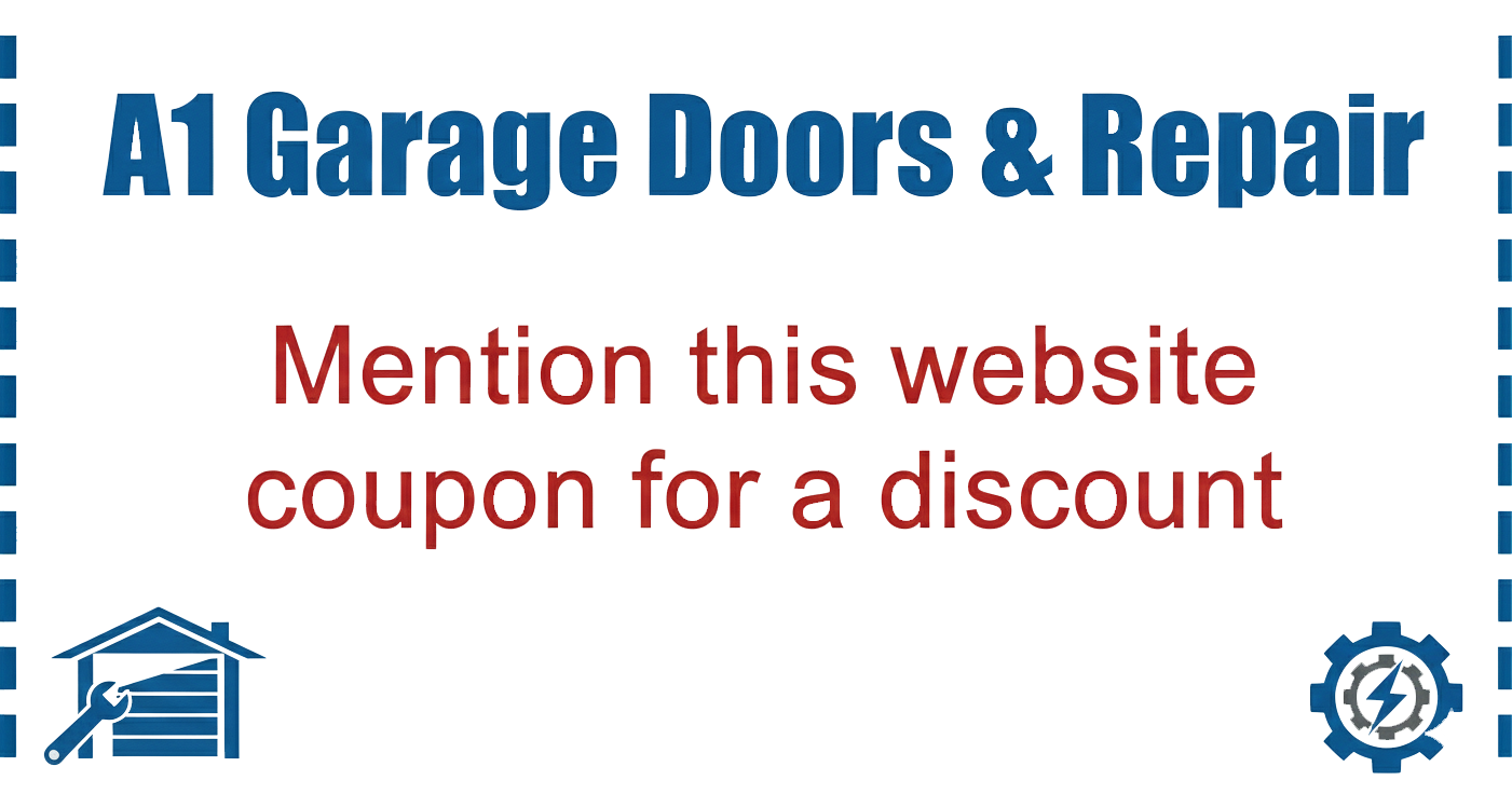 Coupon for A1 Garage Doors & Repair; mention website for a discount; blue and red text on white.