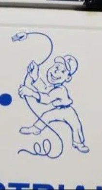 A blue line-drawing mascot in a cap smiles while holding a coiled electrical extension cord.