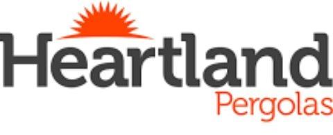 The logo for heartland pergolas has a sun on it.