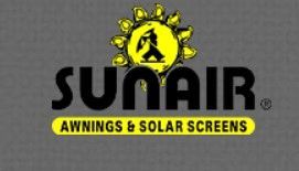 A sun air awnings and solar screens logo on a gray background