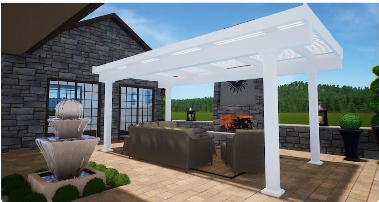 A computer generated image of a patio with a white pergola and a fireplace.