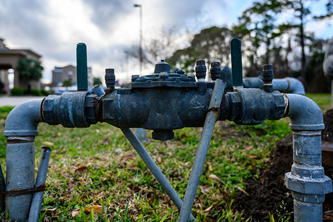 Water meter assembly with pipes, valves, and support structure in a grassy area.