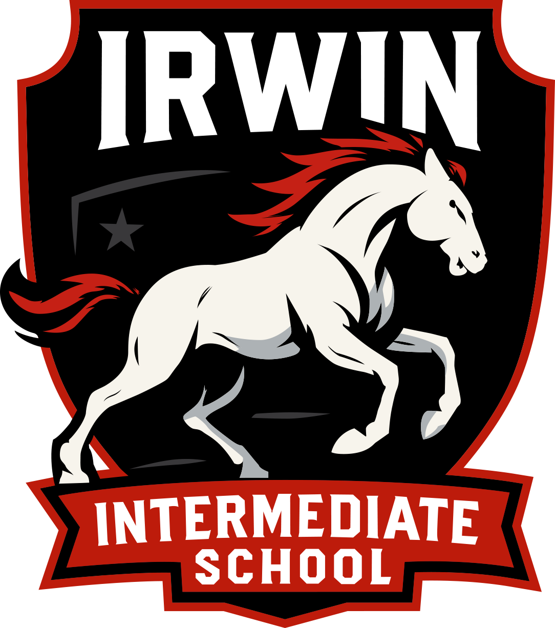 Irwin Intermediate School logo: White horse with red mane, black and red shield, text