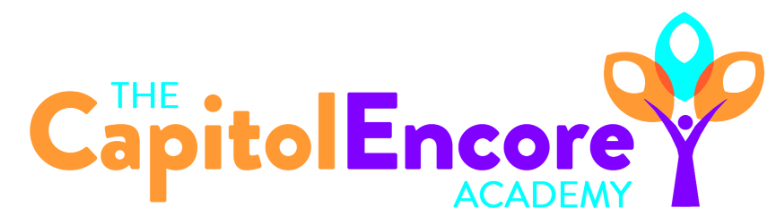 Logo for The Capitol Encore Academy: orange and purple text with a stylized tree.